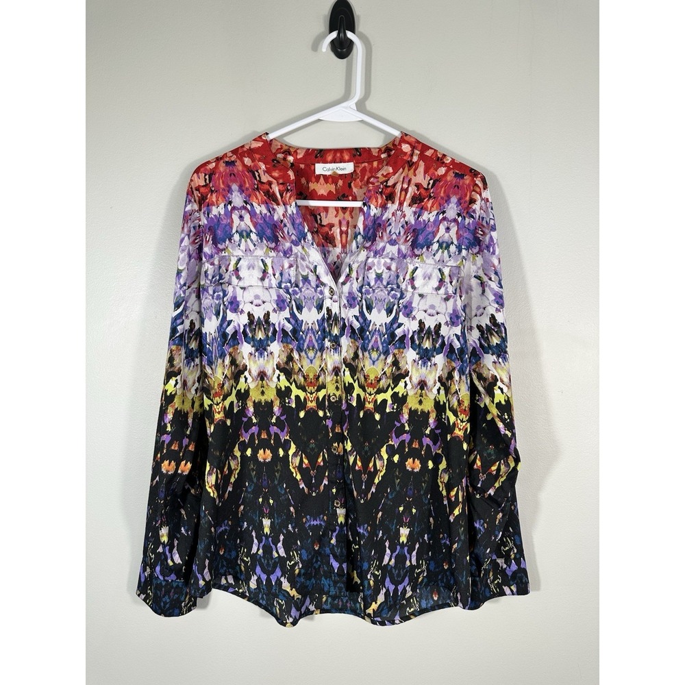 Calvin Klein Top‎ Womens XS Colorful Abstract Button Up Flowy Career Roll Tab